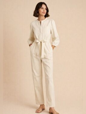 J. Crew Puff Sleeve Chino Jumpsuit Belted Full‎ Zip Cream Off White Sz 4